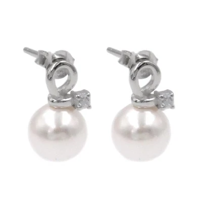 Orecchini Perle Montatura Fiocco in Argento 925 con Zirconi Bianchi  - Immagine 1 di 4