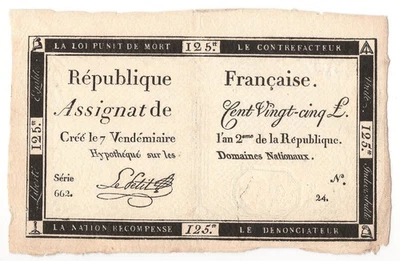 FRANCE  125  Livres  1793  P:A74  XF - Image 1 of 2