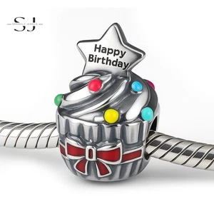 925 Sterling Silver Happy Birthday Cake Charm Bead for Bracelets– Gift for Her - Picture 1 of 3