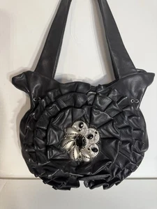 Renato Angi Ruffled Shoulder Bag Soft Black Italian Leather Jewel Embellished - Picture 1 of 12