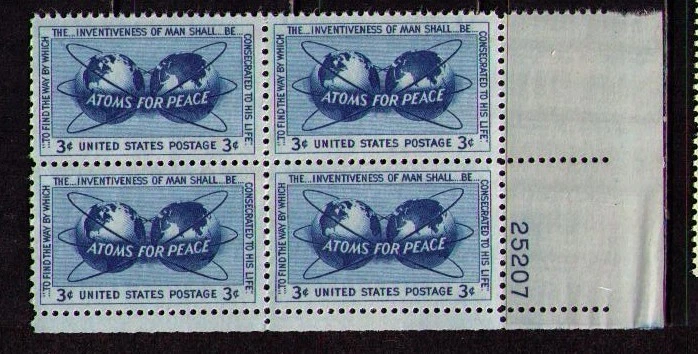 US USA Sc# 1070 MNH FVF PLATE # BLOCK Earth Globe Map Atoms Peace - Image 1 of 1