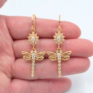 18K Yellow Gold Filled Women Clear Mystic Topaz Dragonfly Dangle Earrings - Picture 1 of 6