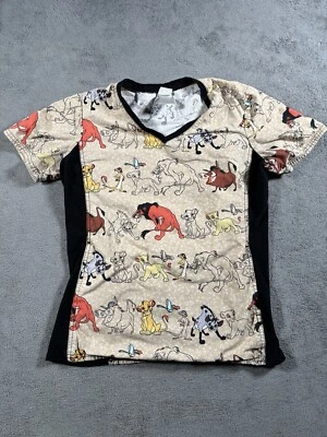 Disney Scrub Top Womens XS Lion King Graphic All Over Print Scar Pumbaa Fitted - Image 1 of 4