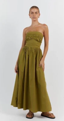 DISSH Womens Olive Green Strapless Ruched Zip 100% Cotton Midi Dress Size 12 - image 1 of 4