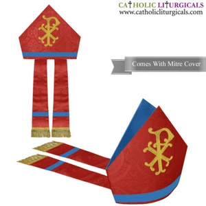 Red Mitre with CHI RHO embroidery,mitra,Bishop's Mitre, New - Picture 1 of 2