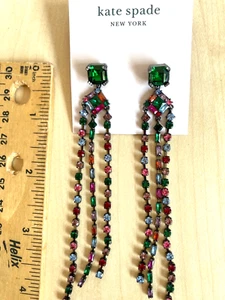 NWT KATE SPADE Long 4" Multi Crystal Dangle Rhinestone Fringe Linear EARRINGS - Picture 1 of 18