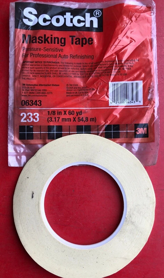 3M 06343 SCOTCH AUTO PERFORMANCE PRESSURE SENSITIVE 1/8'' WIDE MASKING TAPE 233+ - Изображение 1 из 4