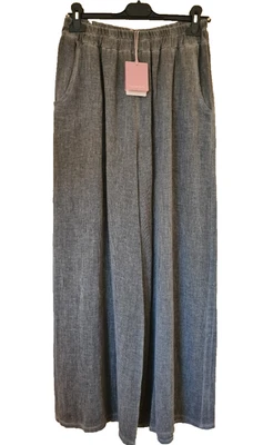 Calça Lagenlook de linho lavado italiano bolsos cintura elástica tamanho único Reino Unido 10-14 - Imagem 1 de 4