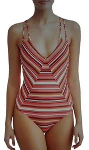 NOBO Swimsuit Womens Junior L (11-13) Pink Burgundy Stripe One-Piece swim suit - Picture 1 of 9