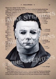 Horror Art Print - Halloween Michael Myers Over Bookpage - Picture 1 of 1