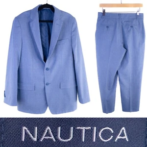 Nautica 2-piece Suit Textured Blue 2 Button Jacket Blazer Boys 16 Pants 28X25 - Picture 1 of 18