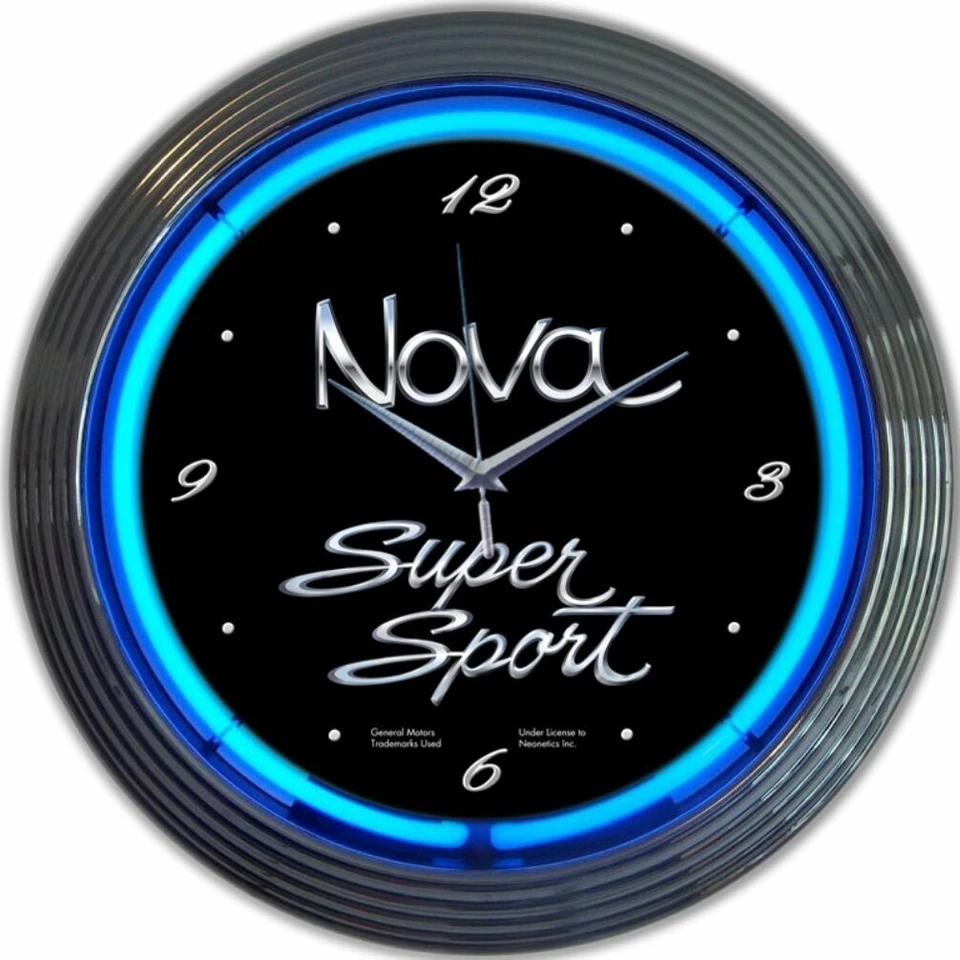 Reloj de Pared Chevrolet Nova SS Logo Azul Neón Colgante Negro 15" Diámetro 8NOVAX Foto 1 de 1