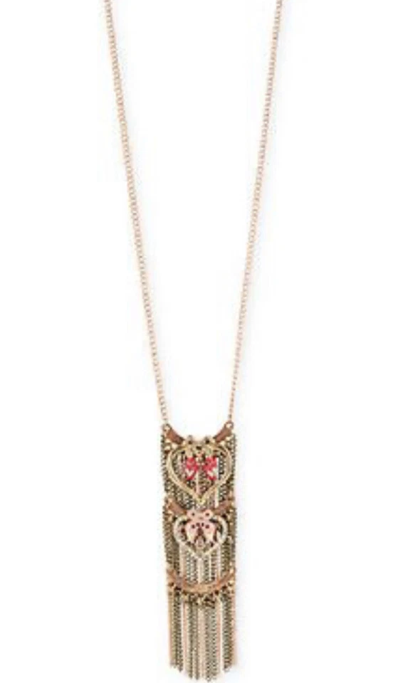 Betsey Johnson Rose Gold Tone Heart Fringe Lovebirds Necklace- Jc310