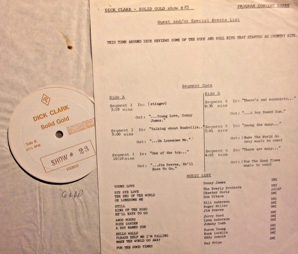 RADIO SHOW #23 DICK PLAYS COUNTRY GOLD: EVERLY BROS, SONNY JAMES, JOHNNY CASH  - Image 1 of 1