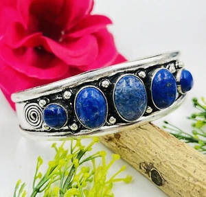 925 Sterling Silver Natural Lapis Lazuli Gemstone Handmade Jewelry Cuff Bracelet - Picture 1 of 5