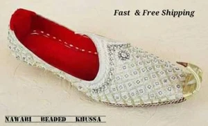 US 7-11 NAWABI IVORY MEN BEADED HANDMADE LEATHER INDIAN PAKISTANI KHUSSA JOTI - Picture 1 of 8
