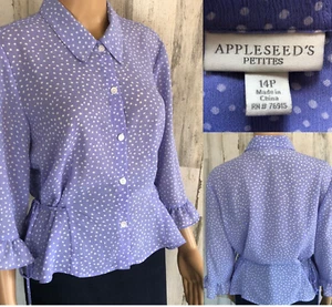 NEW Appleseeds Polka Dot Blouse 14P NWOT Purple Button Up Ruffle Slv Adj Waist - Picture 1 of 12