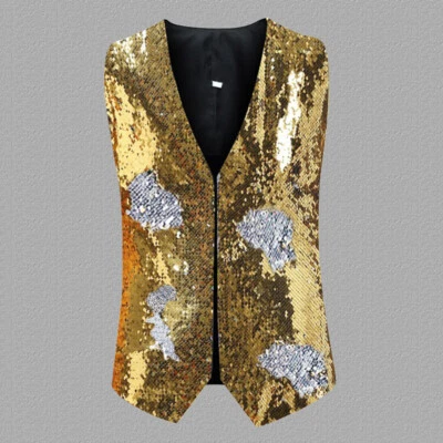 Men Slim Jacket Reversible Two Tone Sequin Waistcoat Gilet Suit Blazer Costume - Image 1 of 4