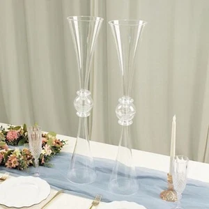 2 CLEAR 27" Plastic Reversible Trumpet Flower VASES Crystals Party Event - Picture 1 of 8