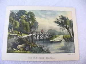 1870 Currier & Ives Lithograph Print, The Old Ford Bridge. 15 Nassau st. - Picture 1 of 6