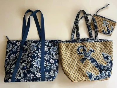 Bolso de Mano Vera Bradley Azul Floral Grande Aislado 3 Piezas Viaje Playa Ancla Foto 1 de 4