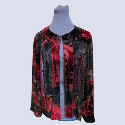 Vtg Laura Ashley Velvet Burnout Black Red Textured Print Silk Top Sz L Sheer — 第 1/4 张图片