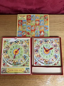 Vintage Victory Picture Puzzle Clock set Wooden pieces & Alphabet ABC Play Tray - Picture 1 of 14