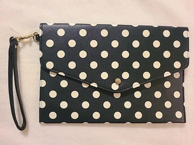 黑色带白色 Polk A Dots 腕带离合器钱包卡扣信用卡夹 — 第 1/4 张图片