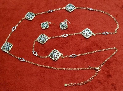 雅芳 Lavena 36 英寸 + 扩展器长项链和耳环套装,银色和金色。全新  — 第 1/4 张图片