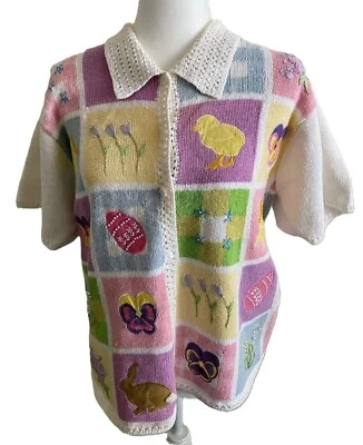 Susan Bristol M Vintage Pastel Cardigan Sweater Spring Easter Hand Embroidered - Image 1 of 4