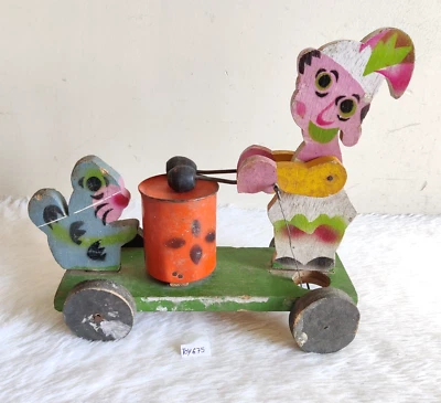 Vintage Fait Main Peint Cirque Joker Jouer Tambour Ancien Boite & Bois TOY613 - Photo 1/4