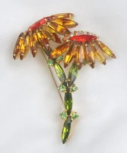 Vintage Juliana D&E Orange Green AB Rhinestone Daisy Flower 2 3/4" Brooch - Picture 1 of 11