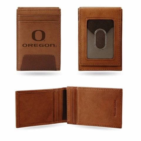 Oregon Ducks Embossed Premium Brown Leather Front Pocket Money Clip Wallet Cover