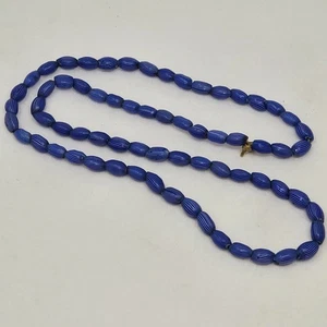 ANTIQUE ONION VENETIAN CHEVRON STRIPED BLUE GLASS TRADE BEADS NECKLACE 30" - Picture 1 of 7