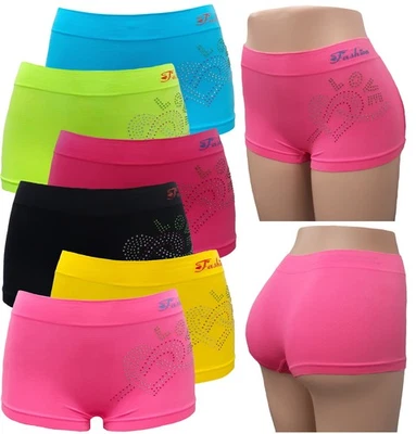 6 pk boyshorts Panties SEAMLESS Boxer Shorts rhinestone undewear Bright Colors - Image 1 of 4