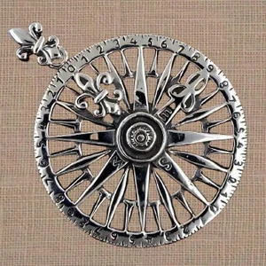 Fleur De Lis Compass Pendant 925 Sterling Silver Good Luck Charm - Picture 1 of 3
