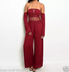 Ladies Wine Lace Accents Off the Shoulder Jumpsuit/Playsuit/Pants-K-CN254010 - Picture 1 of 2