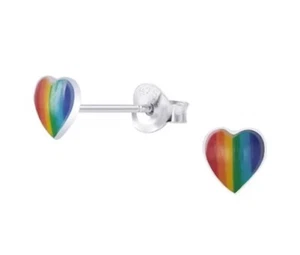 Pair of 4mm TINY Heart RAINBOW Stud Earrings - 925 Silver - Gift Boxed - Picture 1 of 3