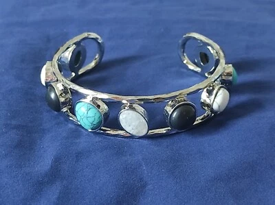 Silver Plate Faux Turquoise Quartz Crystal Bangle Cuff Bracelet - Image 1 of 4