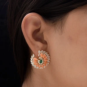 10.64 Tcw Real SI/H Diamond Coral Emerald Gemstone Fine Earrings 14k Yellow Gold - Picture 1 of 11