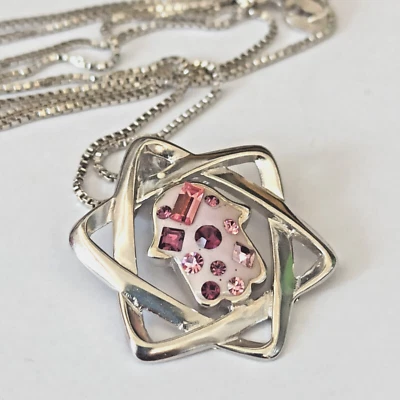 Silver Star of David Hamsa Necklace Pink Mosaic Enamel Crystals 925 Israel Gift - Imagem 1 de 4