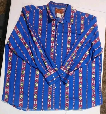 Camisa a Presión Vintage Rustler By Wrangler XXL Estampado Azteca Manga Larga Perla Azul Foto 1 de 4