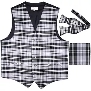 New Men's Plaid Tuxedo Vest Waistcoat Free Style Self Tie Bowtie Set Gray prom - Picture 1 of 4
