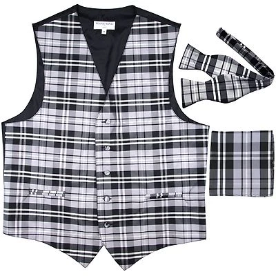 New Men's Plaid Tuxedo Vest Waistcoat Free Style Self Tie Bowtie Set Gray prom - Image 1 of 4