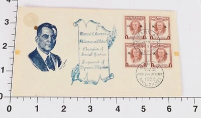 Manila Filipinas 1953 Primer Día Cubierta FDC Manuel Quezon Primer Presidente Foto 1 de 2