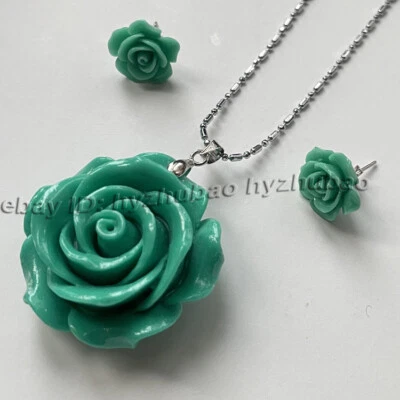 Коралловые резные цветочные бусины 15 мм серьги-гвоздики + 35 мм подвеска ожерелье 18» комплект - Изображение 1 из 4