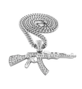 Hip Hop Silver Plated Alloy Cubic Zirconia Machine Gun & Cuban Chain Necklace - Picture 1 of 5