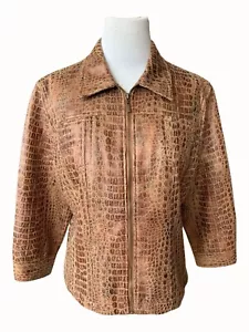 Ruby Rd Faux Crocodile Print Brown Womens Jacket Quarter Sleeves Zip Closure 16 - Picture 1 of 10