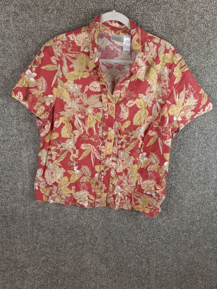 Emma James Floral Blouse Women 22W Orange Yellow Floral Short Sleeve Linen Blend - Image 1 of 4