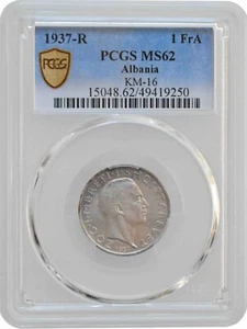 Albania 1 frang ar 1937, PCGS MS62, "King Zog I (1928 - 1939)" silver coin - Picture 1 of 4